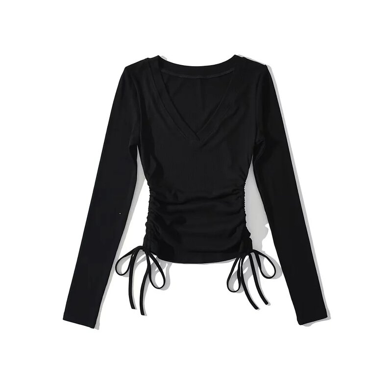 Basic T Shirt Tops Manufacturer - Liu Ming Women Casual O Neck Long Sleeve Side Lace up