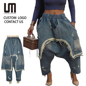 Denim Pant Manufacturer - Custom Logo Women Harem Ripped Hip Hop Punk Elastic Waist Washed