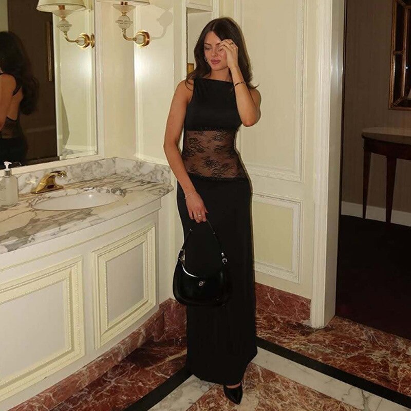 Evening Dress Manufacturer - 2026 Sleeveless Lace Patchwork Black Backless Hollow Out