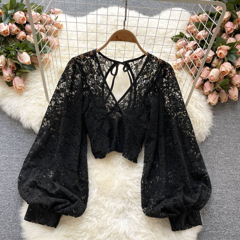 Lace Blouse Manufacturer - Liu Ming Women Summer Sexy V Neck Puff Long Sleeve See Through