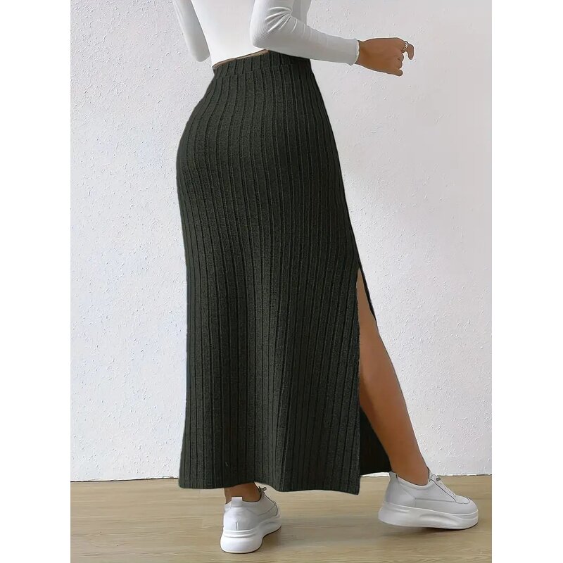 Knitted Maxi Skirt Manufacturer - Liu Ming Women Fall Winter High Waist Striped Slim Slit
