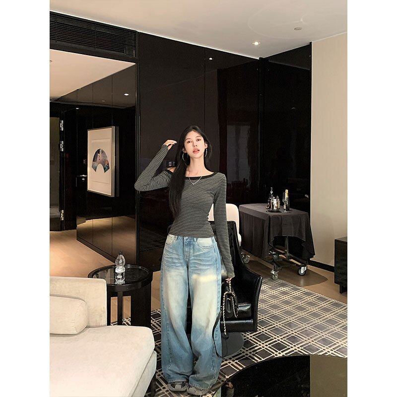 Long Sleeve T-Shirt Manufacturer - 2026 Vintage Striped One Shoulder Korean Casual