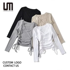 Basic T Shirt Tops Manufacturer - Liu Ming Women Casual O Neck Long Sleeve Side Lace up