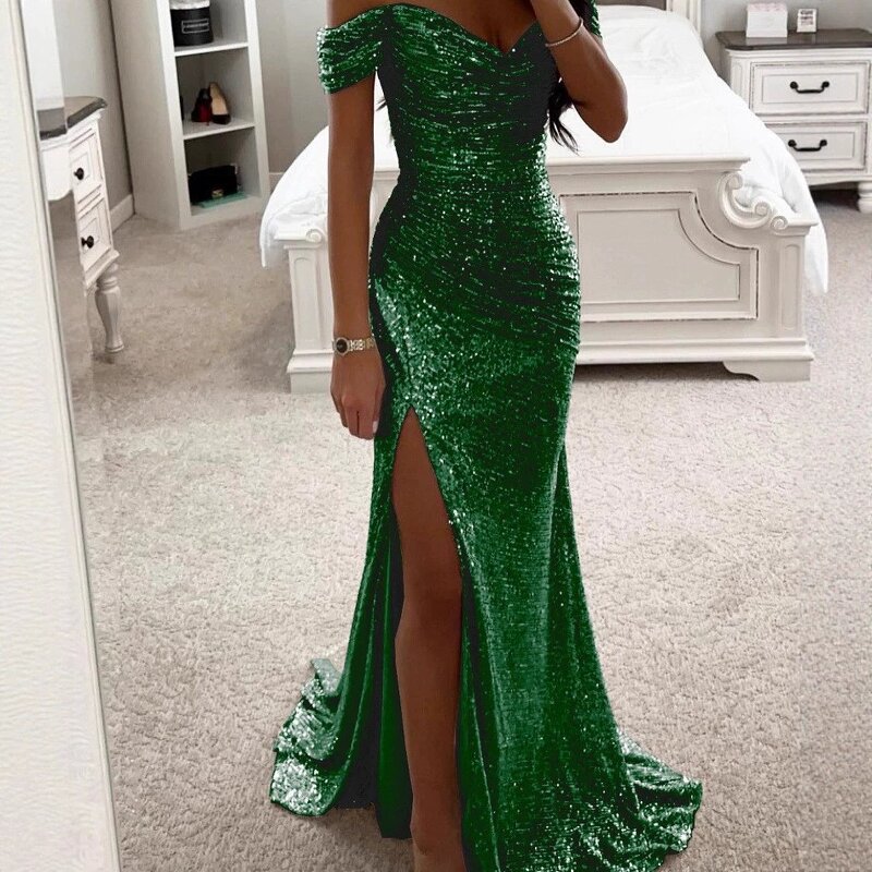 Evening Dress Manufacturer - 2026 Off-Shoulder Sequin Pleated Waist Tight Split