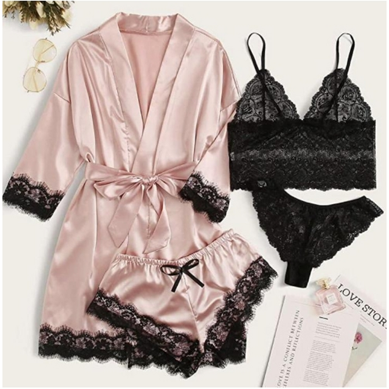 Pajama Set Manufacturer - Liu Ming 2025 Women Sleep Lounge Lace Satin Suspender 4 Piece