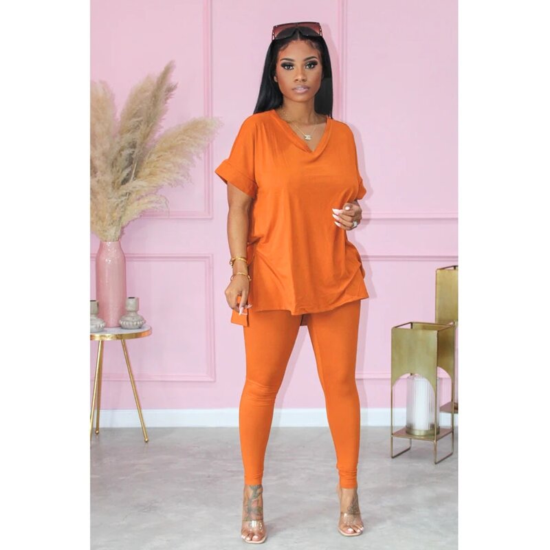 Women Two Piece Set Manufacturer - Liu Ming Custom Logo Printed V Neck T Shirt + Pants