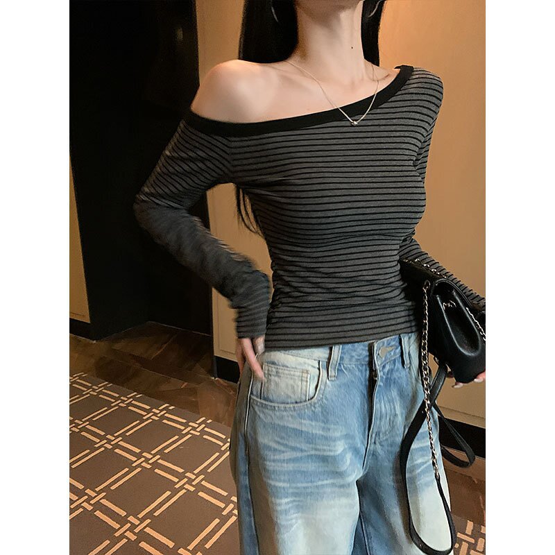 Long Sleeve T-Shirt Manufacturer - 2026 Vintage Striped One Shoulder Korean Casual