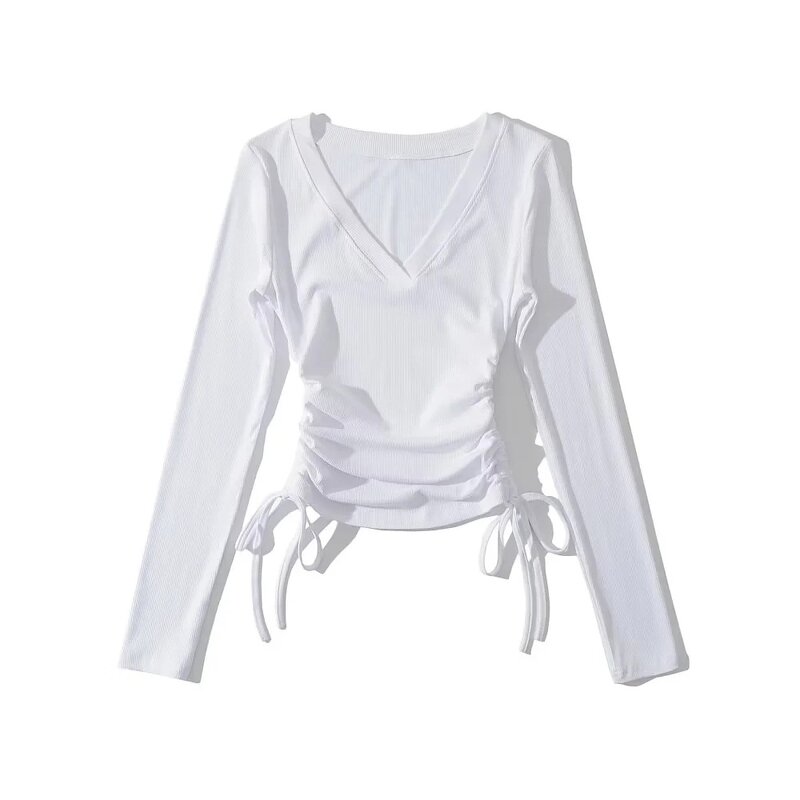 Basic T Shirt Tops Manufacturer - Liu Ming Women Casual O Neck Long Sleeve Side Lace up