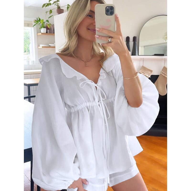 Women Two Piece Set Manufacturer - Liu Ming Summer Loose Cotton Linen Shirt + Elastic Shorts