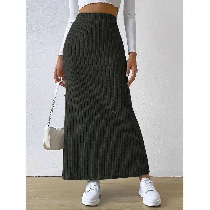 Knitted Maxi Skirt Manufacturer - Liu Ming Women Fall Winter High Waist Striped Slim Slit