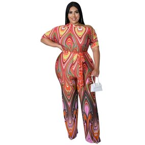Plus Size Jumpsuit Manufacturer - Women New Fashion Sexy Slash Neck Printing Wide Leg Outfit