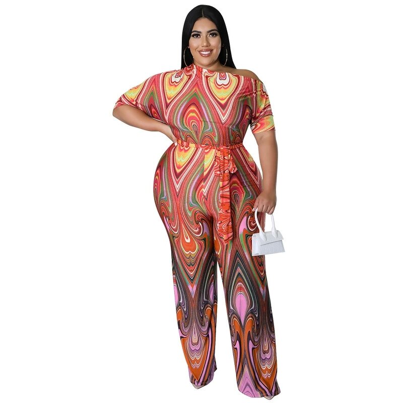 Plus Size Jumpsuit Manufacturer - Women New Fashion Sexy Slash Neck Printing Wide Leg Outfit