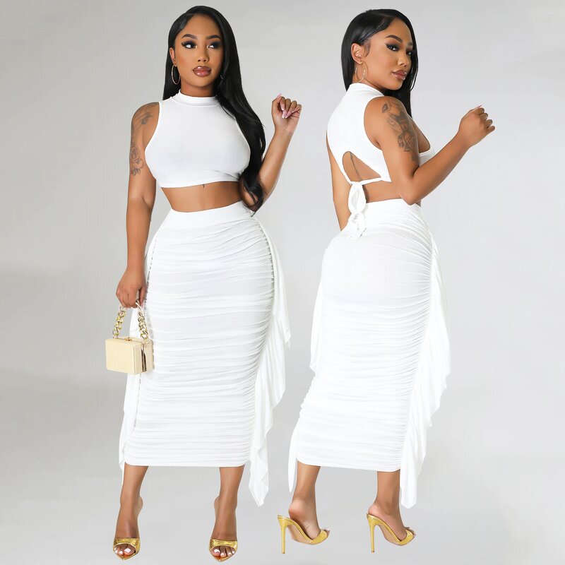 Women Two Piece Set Manufacturer - Liu Ming 2024 Custom Crop Tops + High Waist Fringe Skirt