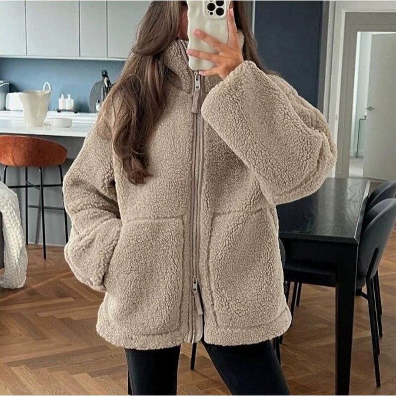 Fleece Jacket Manufacturer - 2026 Women Solid High Neck Faux Lamb Wool Autumn Winter