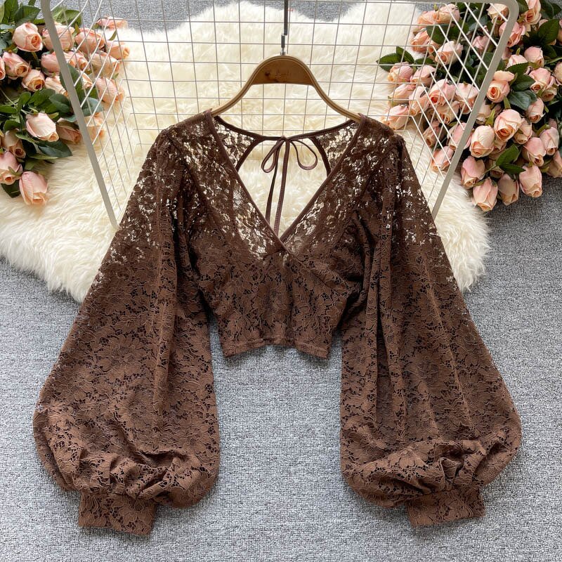 Lace Blouse Manufacturer - Liu Ming Women Summer Sexy V Neck Puff Long Sleeve See Through