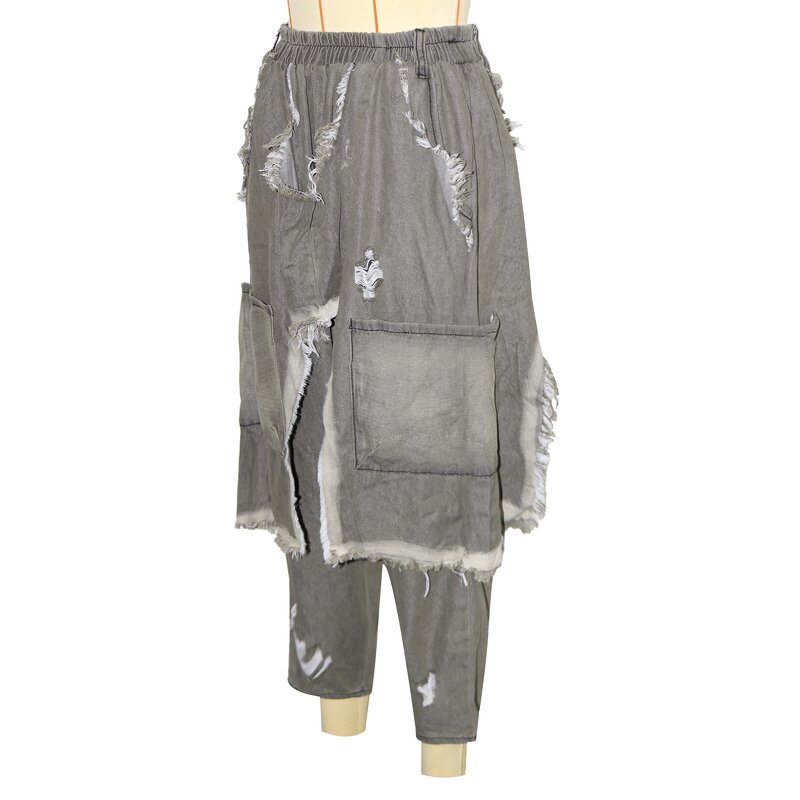 Denim Pant Manufacturer - Custom Logo Women Harem Ripped Hip Hop Punk Elastic Waist Washed