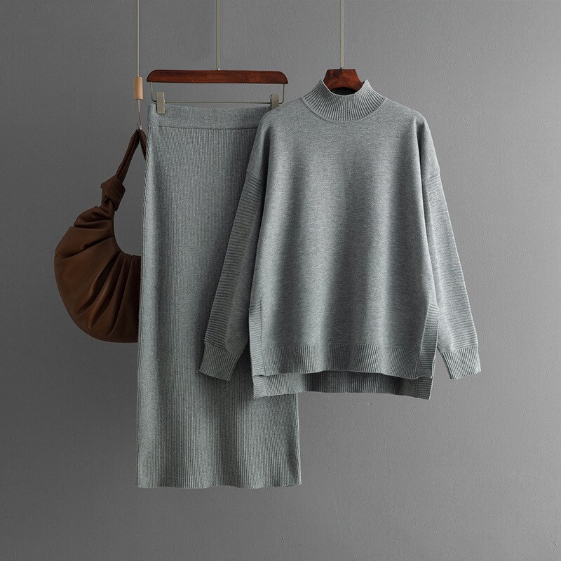 Women Two Piece Set Manufacturer - Liu Ming 2024 Korean Sweater Pullover + Knitted Long Skirt
