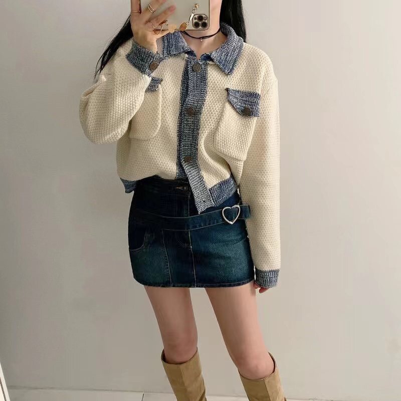 Knitted Cardigan Manufacturer - Liu Ming 2025 Women Autumn Patchwork Color Short Sweater