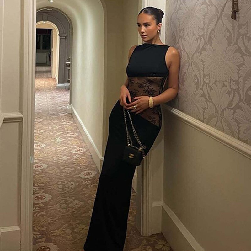 Evening Dress Manufacturer - 2026 Sleeveless Lace Patchwork Black Backless Hollow Out