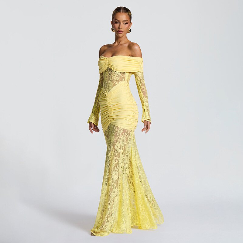 Pleated Skirt Dress Manufacturer - Women Chic One-Shoulder Autumn Lace Long Sleeve Casual