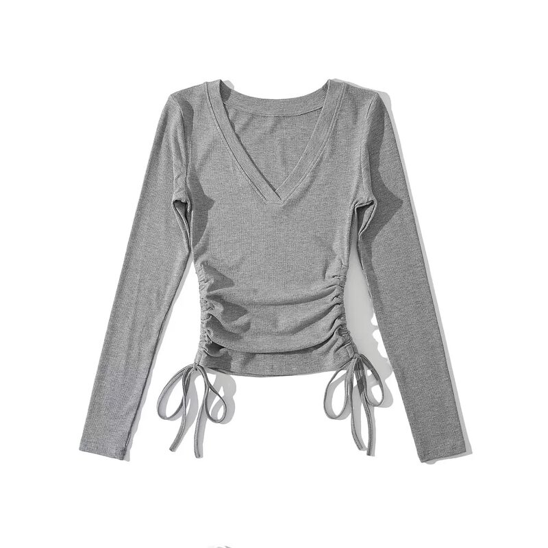 Basic T Shirt Tops Manufacturer - Liu Ming Women Casual O Neck Long Sleeve Side Lace up