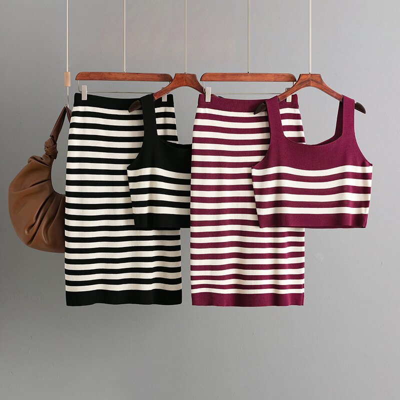 Women Two Piece Set Manufacturer - Clearance Summer Contrast Striped Vest & Skirt Sling
