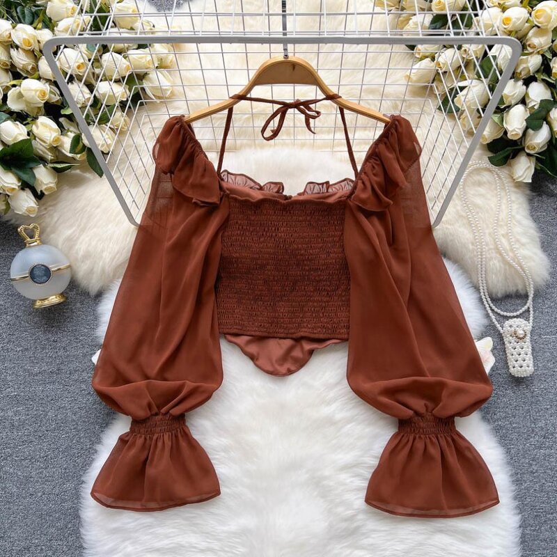 Chiffon Blouse Manufacturer - Liu Ming Women Summer Sexy Flare Sleeve Ruffle Halter Backless