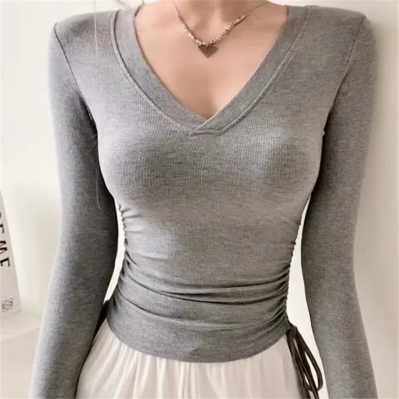 Basic T Shirt Tops Manufacturer - Liu Ming Women Casual O Neck Long Sleeve Side Lace up