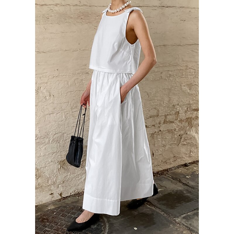 Women Two Piece Set Manufacturer - OEM White Sleeveless Vest Top + High Waist A-Line Skirt