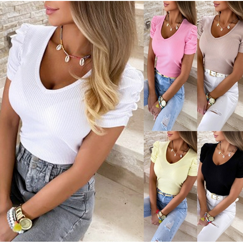 Casual T-Shirt Manufacturer - 2025 Women Summer Sexy Slim V-Neck Stretch Basic Tee