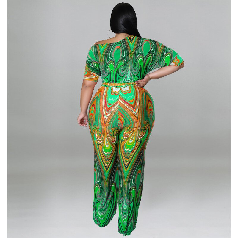 Plus Size Jumpsuit Manufacturer - Women New Fashion Sexy Slash Neck Printing Wide Leg Outfit