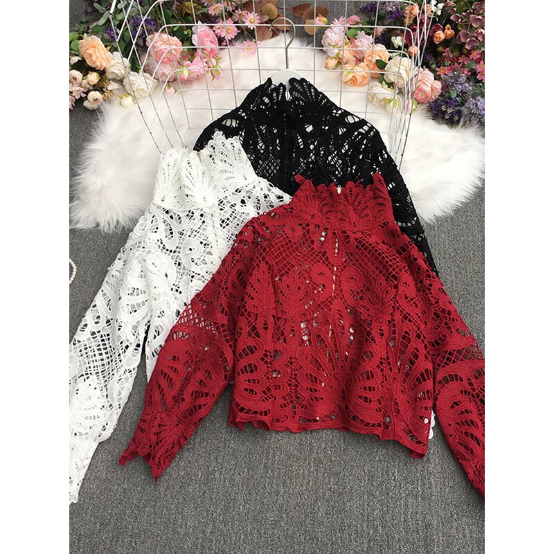 Lace Blouse Manufacturer - Liu Ming Women Elegant French Vintage Slim Lantern Sleeve Hollow