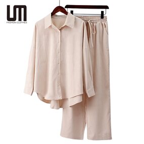 Women Two Piece Set Manufacturer - Liu Ming Autumn Streetwear Casual Cotton Linen Shirt + Pants