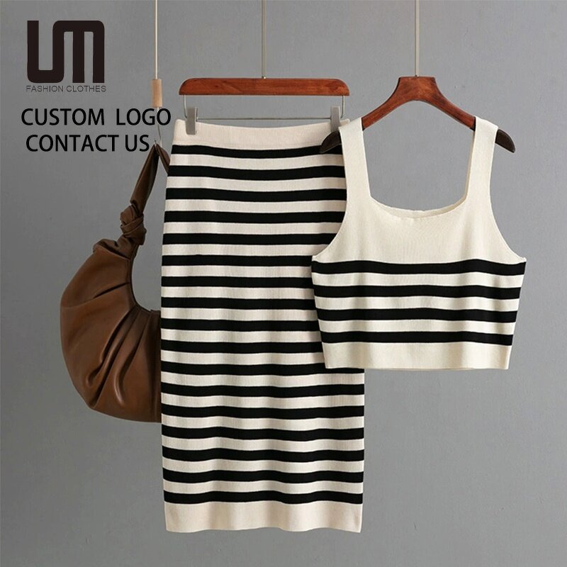 Women Two Piece Set Manufacturer - Clearance Summer Contrast Striped Vest & Skirt Sling