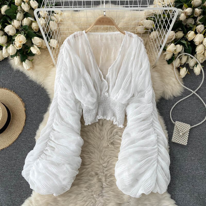 Chiffon Blouse Manufacturer - Liu Ming 2024 Women Sexy V Neck Puff Long Sleeve Slim Draped
