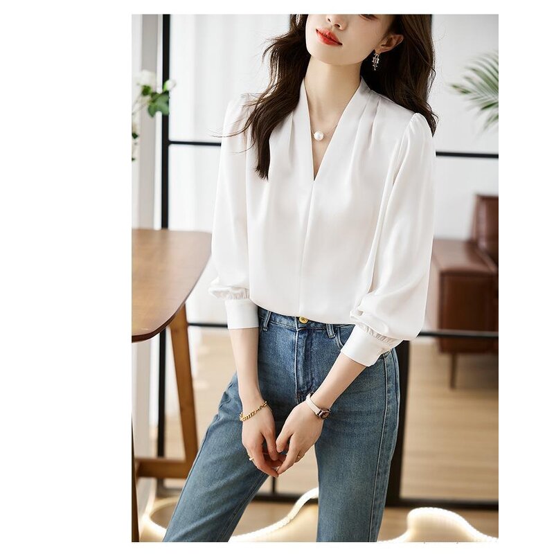 V-Neck Blouse Manufacturer - Women Solid Color Button Detail Mature Spring Autumn Summer