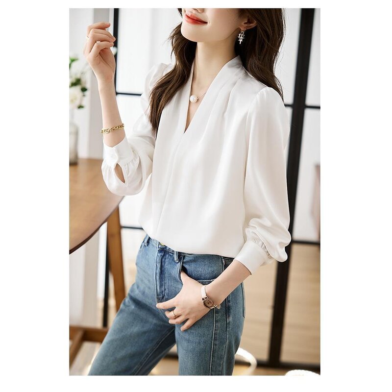 V-Neck Blouse Manufacturer - Women Solid Color Button Detail Mature Spring Autumn Summer