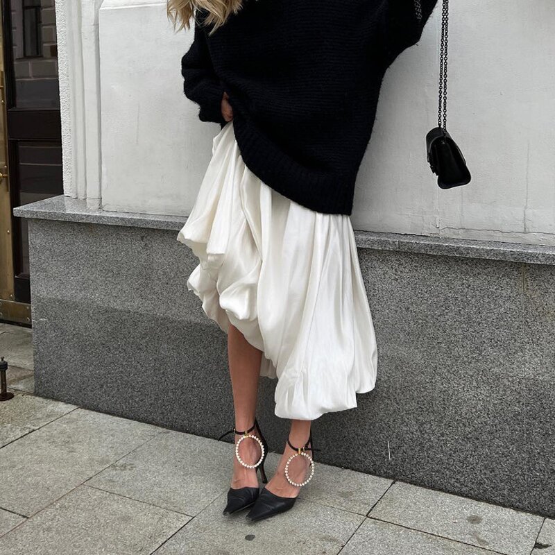 Maxi Bubble Skirt Manufacturer - Liu Ming Women Elegant Office Lady Satin Vintage Loose High Waist