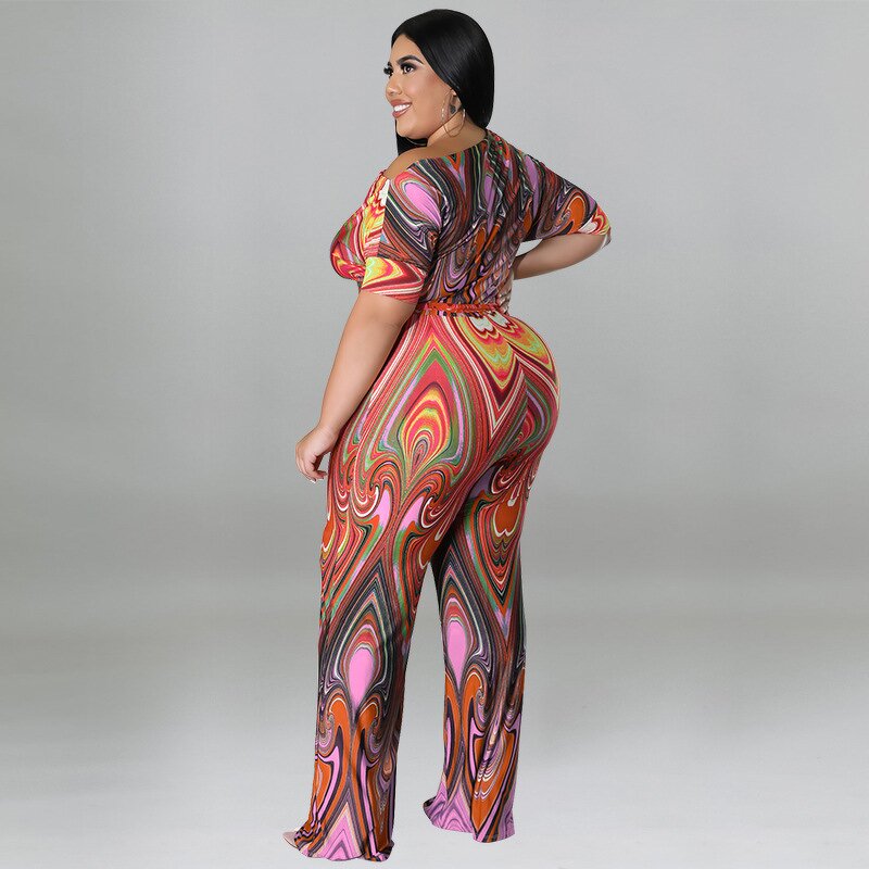 Plus Size Jumpsuit Manufacturer - Women New Fashion Sexy Slash Neck Printing Wide Leg Outfit