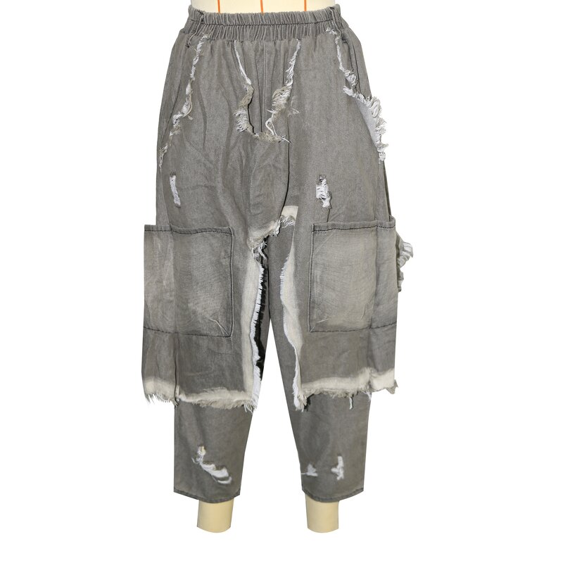 Denim Pant Manufacturer - Custom Logo Women Harem Ripped Hip Hop Punk Elastic Waist Washed