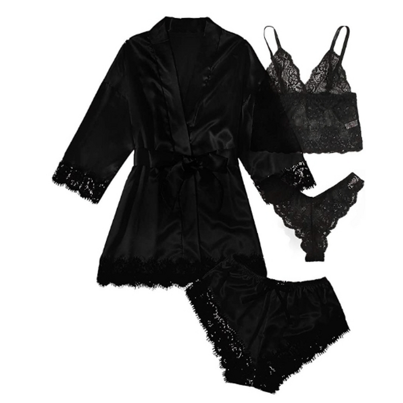 Pajama Set Manufacturer - Liu Ming 2025 Women Sleep Lounge Lace Satin Suspender 4 Piece