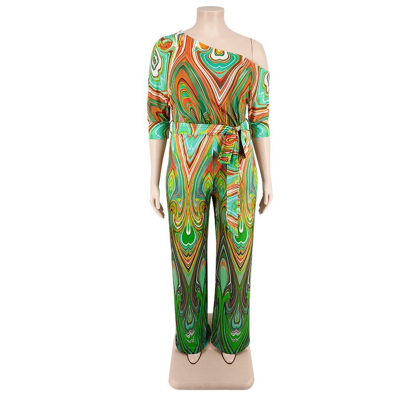 Plus Size Jumpsuit Manufacturer - Women Fashion Sexy Slash Neck Printing Wide Leg Romper