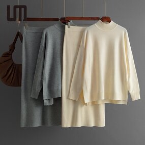 Women Two Piece Set Manufacturer - Liu Ming 2024 Korean Sweater Pullover + Knitted Long Skirt