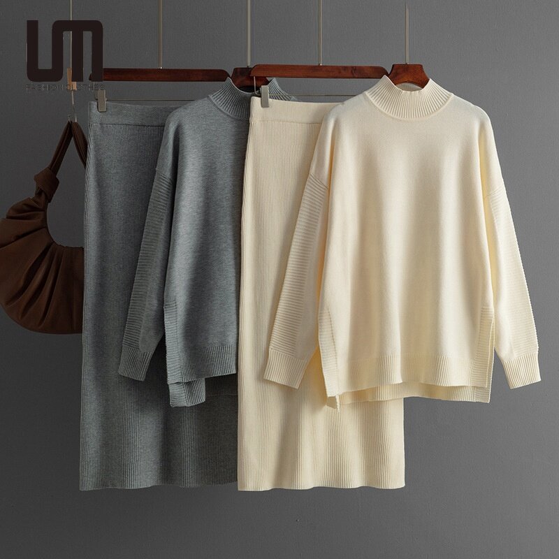 Women Two Piece Set Manufacturer - Liu Ming 2024 Korean Sweater Pullover + Knitted Long Skirt