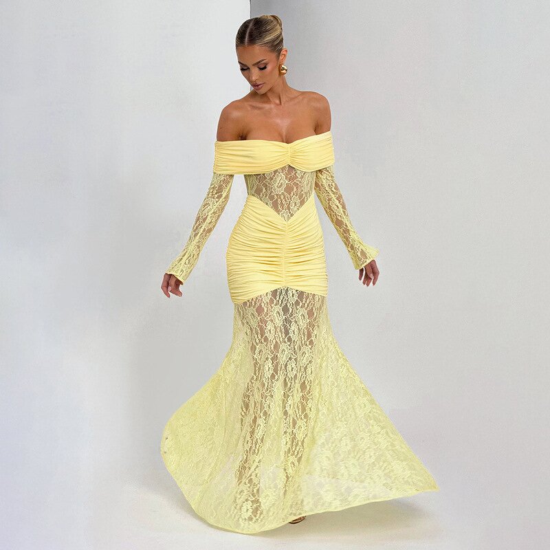 Pleated Skirt Dress Manufacturer - Women Chic One-Shoulder Autumn Lace Long Sleeve Casual