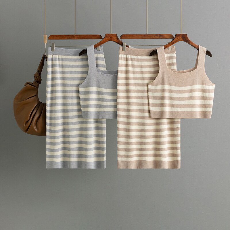 Women Two Piece Set Manufacturer - Clearance Summer Contrast Striped Vest & Skirt Sling