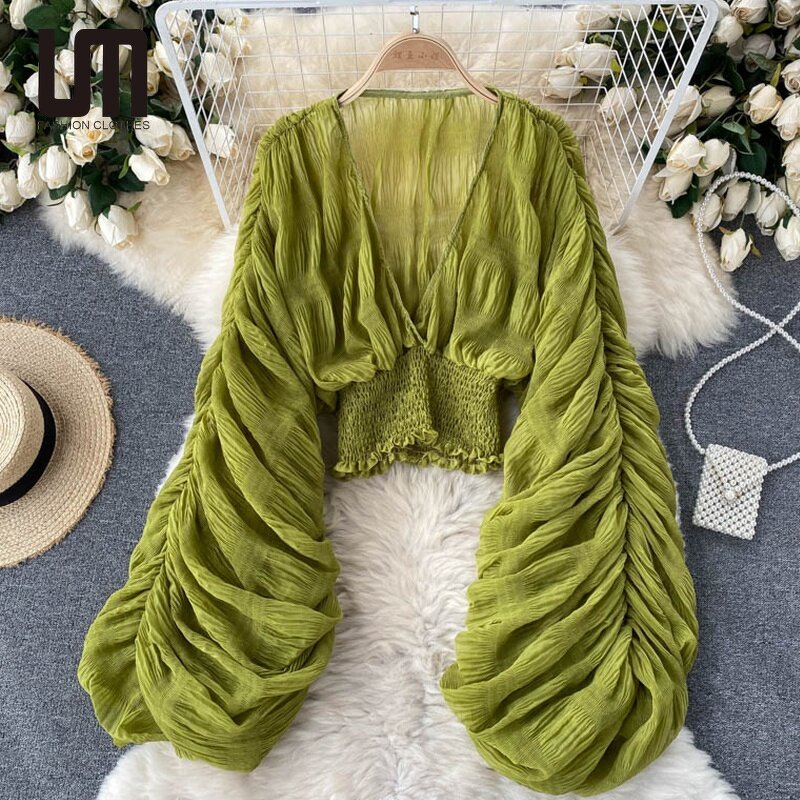 Chiffon Blouse Manufacturer - Liu Ming 2024 Women Sexy V Neck Puff Long Sleeve Slim Draped