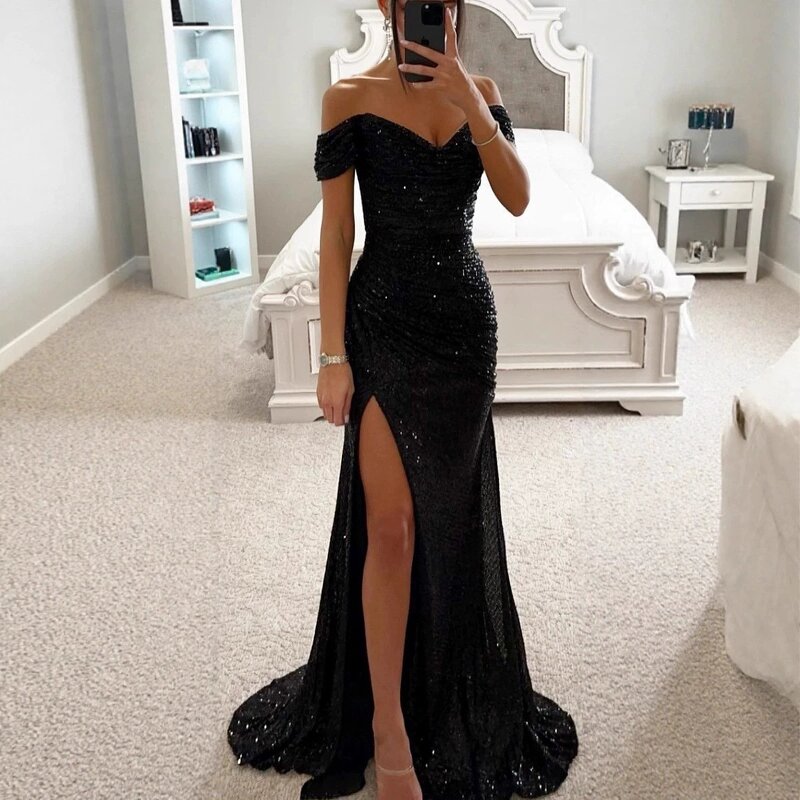Evening Dress Manufacturer - 2026 Off-Shoulder Sequin Pleated Waist Tight Split