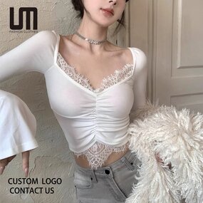 Lace T-Shirt Manufacturer - 2026 Korean Deep V-Neck Y2K Cropped Pleated Flared Sleeve