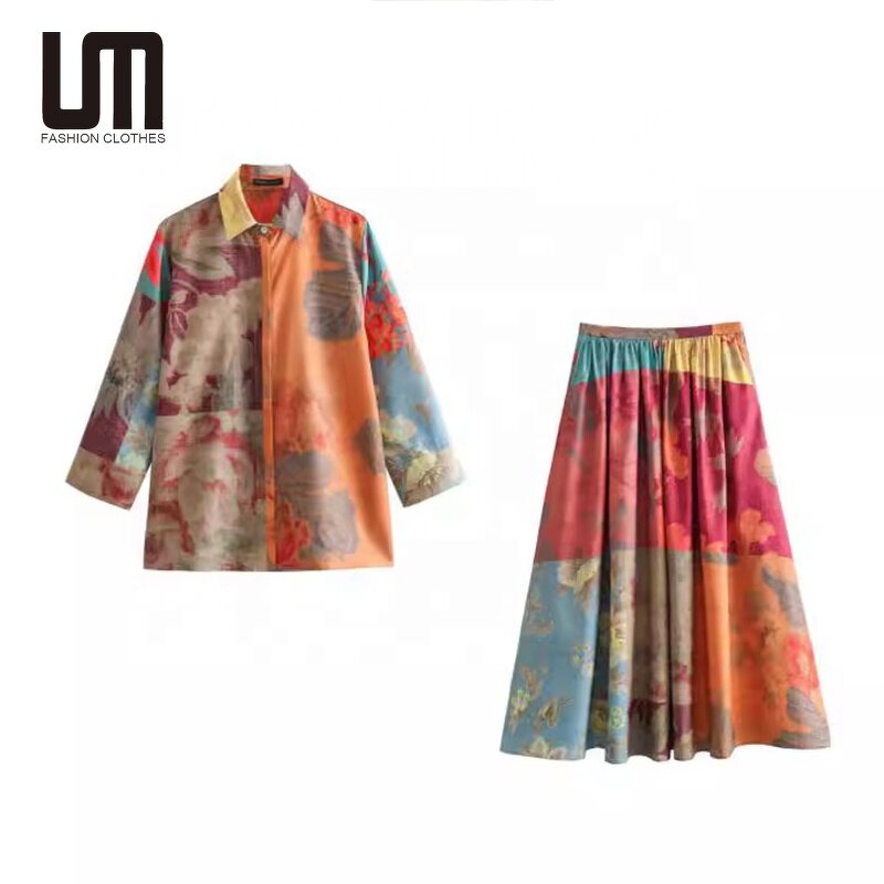 Women Two Piece Set Manufacturer - Custom Long Sleeve Button Shirt + A Line Pleated Skirt